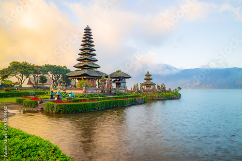 Pura Ulun Danu Bratan temple. Balinese landmark. Water reflection. Bratan lake, Bedugul, Bali, Indonesia