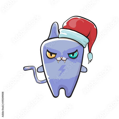 Vector cartoon Santa Claus cat character with red Santa hat isolated on white background. Funny Christmas kids poster or print design template.