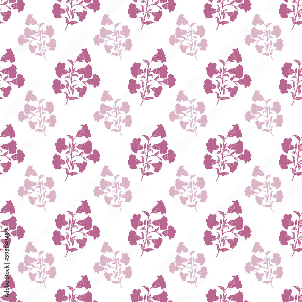 Vector trendy monochrome bold purple flower bunch seamless pattern background on white surface. Perfect use for fabrics, wallpapers, trending projects, etc.