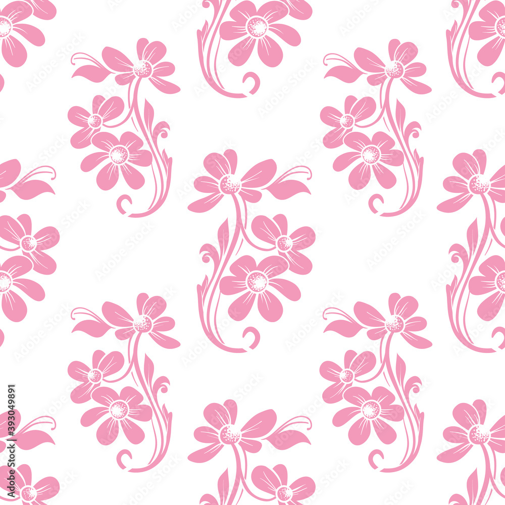 Vector trendy monochrome baby pink petal flower bunch seamless pattern background on white surface. Perfect use for fabrics, wallpapers, trending projects etc.