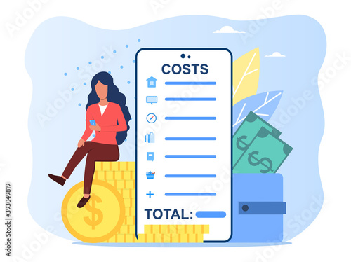 Application for recording expenses. Virtual business assistant. Smartphone with all accounts, money, cards investment management. Mobile assistant, mobile banking. Cartoon flat vector illustration