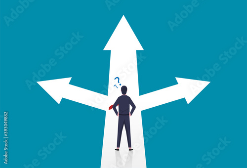 Businessman confused standing at arrows concept. Symbol of career path or opportunities, business concept decision vector illustration