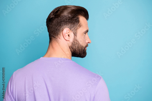 Rear view profile side photo of young attractive man enjoy haircare haircut look empty space isolated over blue color background