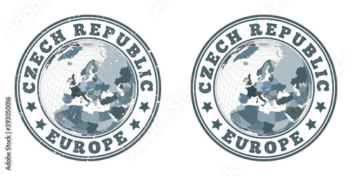 Czech Republic round logos. Circular badges of country with map of Czech Republic in world context. Plain and textured country stamps. Vector illustration.