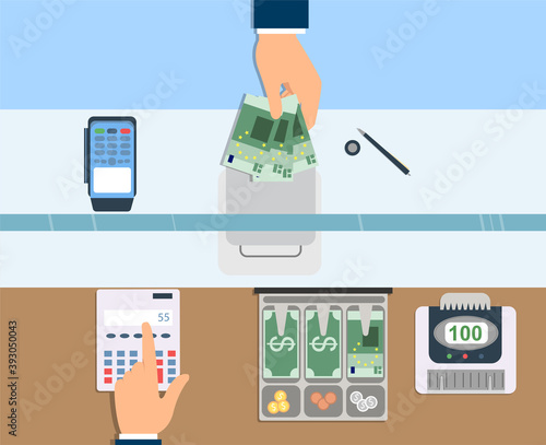 Cashier in bank. Bank worker , financial specialist, cash, currency exchange. Vector illustration, flat design style. Cashier window. Customer service. Cash register, money. Finance and money.