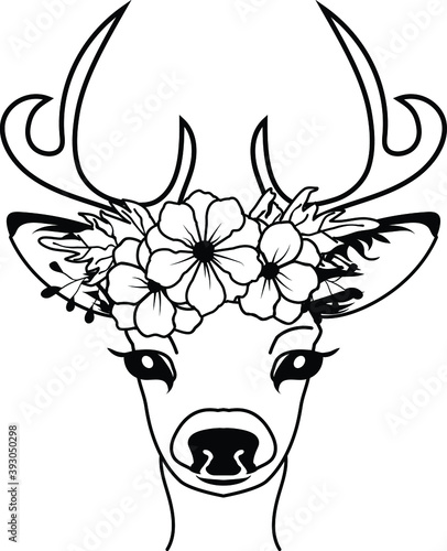 Floral Deer With Antlers Vector Illustration