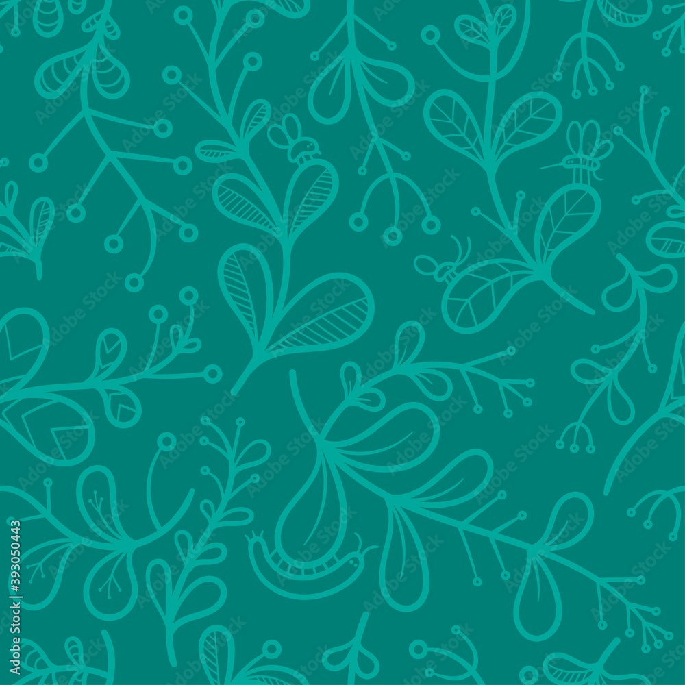 Seamless pattern with different leaves on green background. Vector print with plants and insects. Herbal cartoon poster. Seamless pattern with different leaves on green background. Vector print with plants and insects. Herbal cartoon poster.