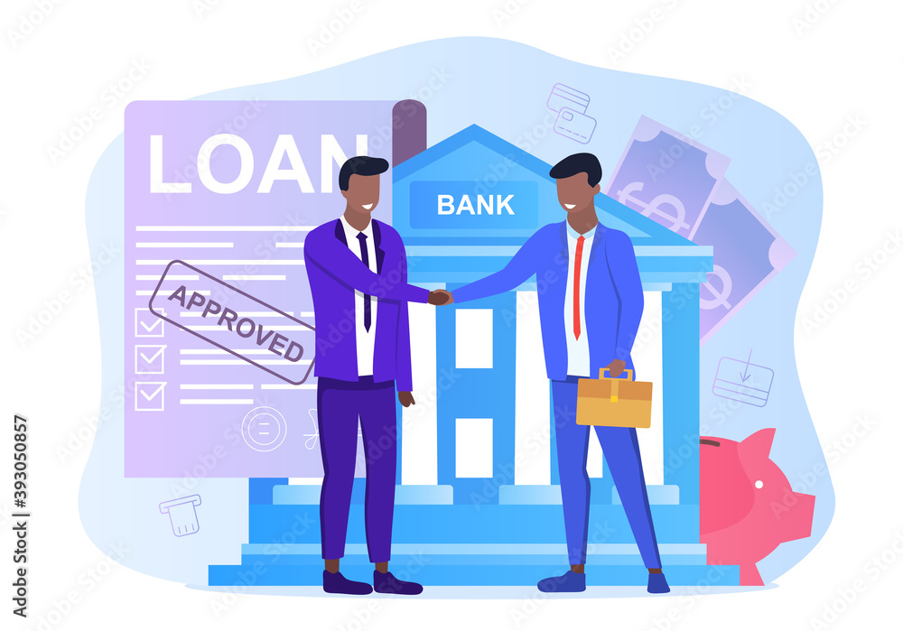 Businessmen handshake, successful business negotiations and approved loan. Loan agreement paper, bank building and male characters in trendy style. Borrower and credit agent.Vector illustration