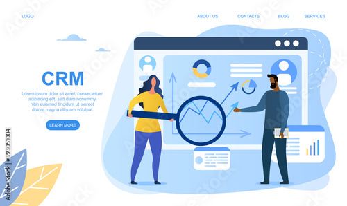 CRM or customer relationship management concept. Businesspeople looking into database application screen. Cartoon flat vector illustration isolated on white background. Website or webpage template