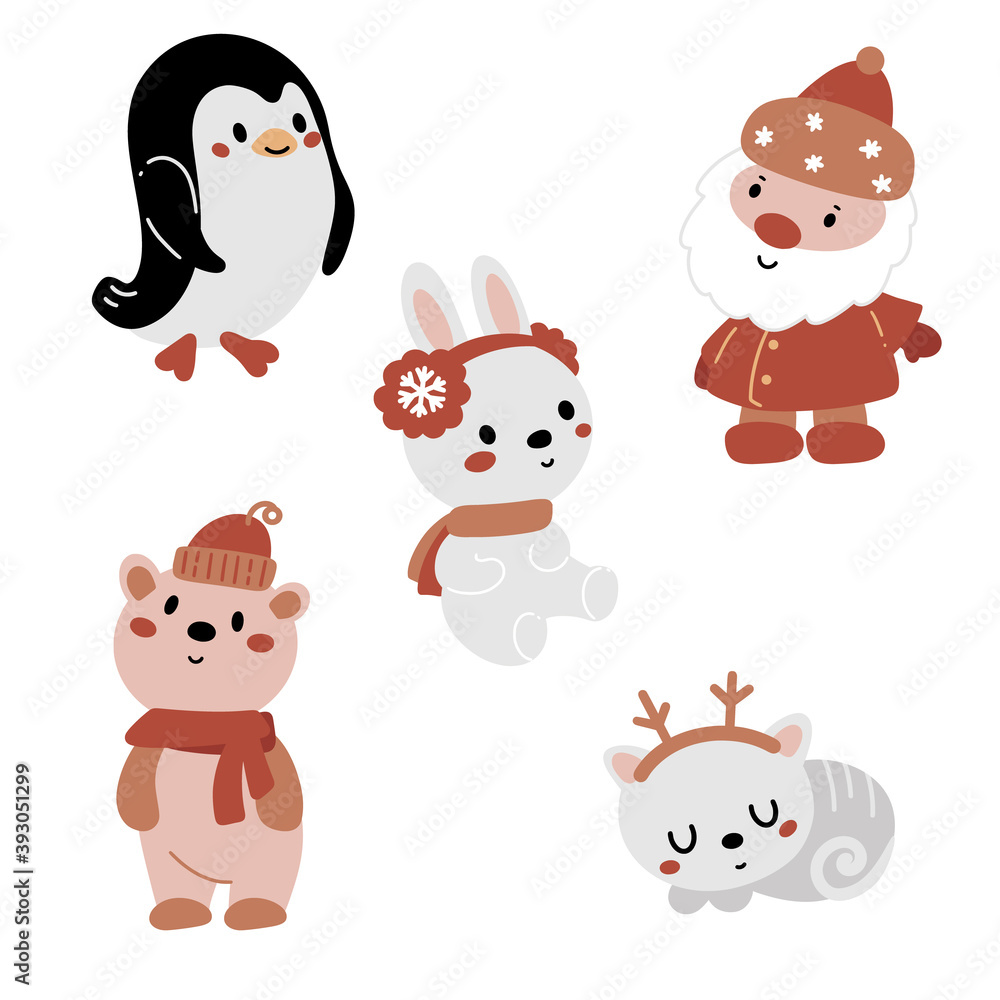 Cute winter animals collection