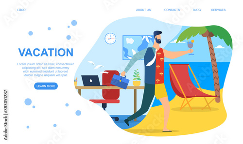 Going on vacation abstract concept. Manager running from office to beach. Dressing up on the run. Flat catoon vector illustration with fictional character. Website, webpage or landing page template