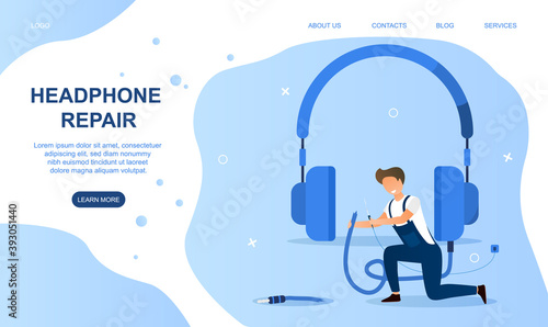 Concept of headphones repair. Handyman worker, master repairing broken earphones, headphones. Repair service. Cartoon flat vector illustration. Website, webpage or landing page template