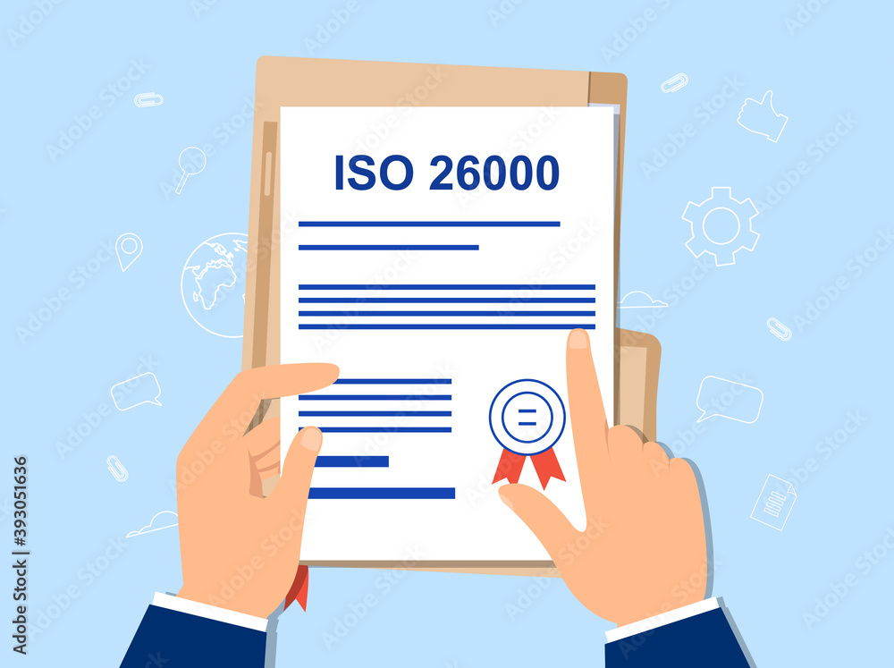 ISO 26000 and social responsibility concept. Standards business compliance to international organization hand audit check document. Cartoon flat vector illustration ISO 26000 and social responsibility concept. Standards business compliance to international organization hand audit check document. Cartoon flat vector illustration
