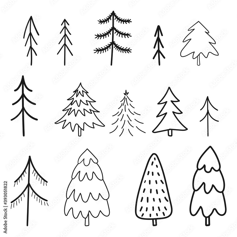 Fototapeta premium Christmas tree doodle icon set. Hand drawn pine and fir trees for Xmas celebration. Winter forest design elements. Vector illustration.