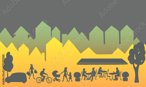 City landscape with buildings, people silhouettes and restaurant or outdoor cafe with silhouettes of people sitting at tables on the night street. Vector illustration.