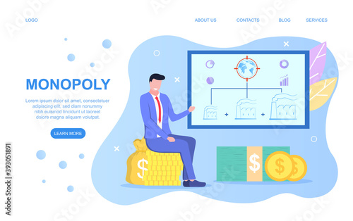 Business monopoly abstract concept. Rich and successful businessman controlling globe market with industrial plants. Oligarchy. Cartoon flat vector illustration. Website, webpage landing page template