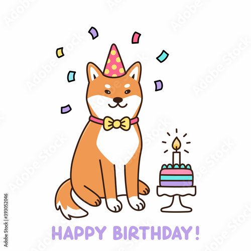 Birthday dog of Japanese breed Shiba Inu in hat and with birthday cake. Cartoon vector illustration. It can be used for greeting card, poster, mug and other design.