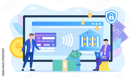 Online payment protection system. Secure bank transaction. Open banking platform, online banking system, finance digital transformation concept. Flat cartoon vector illustration