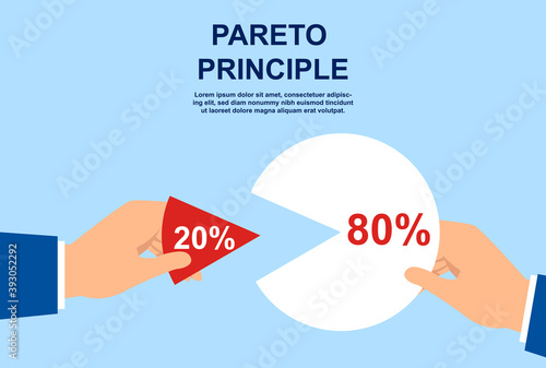 Pareto principle abstract concept. 20 of efforts give 80 of the result. Market share business. Businessmen holding pie chart. Economic financial share profit. Flat cartoon vector illustration.
