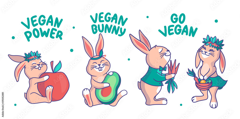 Fototapeta premium Set of rabbits for family look designs, t-shirts. Cartoonish vegan