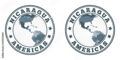 Nicaragua round logos. Circular badges of the country with a map of Nicaragua in a world context. Plain and textured country stamps. Vector illustration.