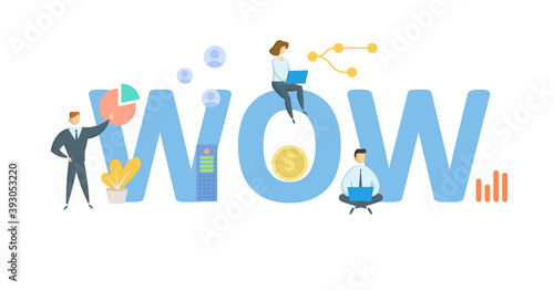 WOW, Ways of Working. Concept with keywords, people and icons. Flat vector illustration. Isolated on white background.