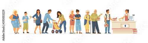 Group people waiting in queue supermarket. Food store elderly couple and man in queue to the cashier. Cashier punches goods at the checkout, customer service cartoon