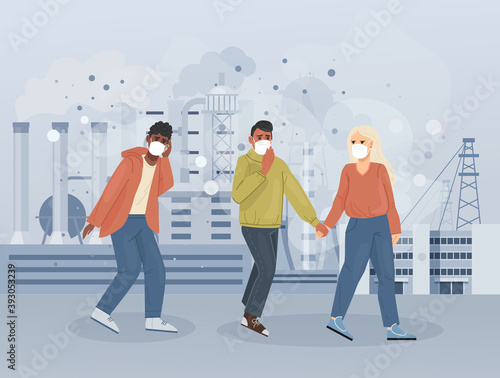 Group people character choking on dust wearing protective face masks gas walking along dusty polluted street. Pollution environmental of smoking pipes factories, industry smoke smog