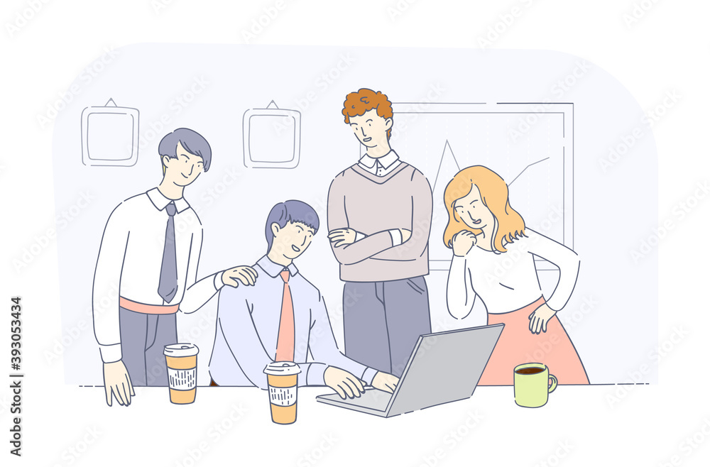 Business office workers team cooperation. Business team meetings together, teamwork group of people over the solution of task. Joint negotiation with work colleagues, analysis business concept Business office workers team cooperation. Business team meetings together, teamwork group of people over the solution of task. Joint negotiation with work colleagues, analysis business concept