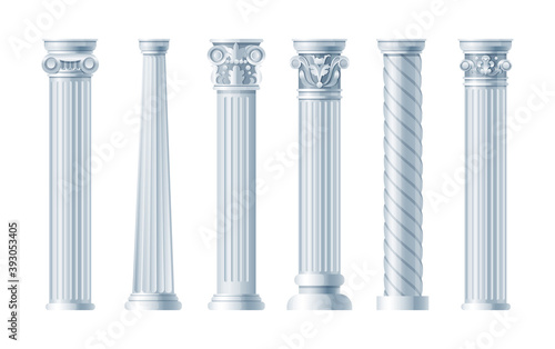 Realistic antique pillars set. Antique column, classic pillar. Ancient ornate pillars historic roman greek architecture facades of historic buildings isolated vector