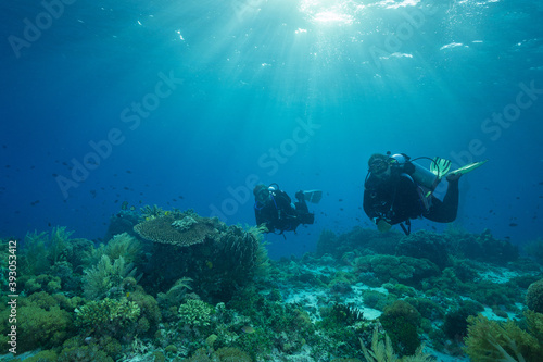 Scuba divers on reef in Indonesia late afternoon with sunlit background