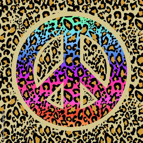 Seamless sand color leopard wallpaper with colorful hippie peace symbol for wrapping paper, t shirt and bag design, fashion print