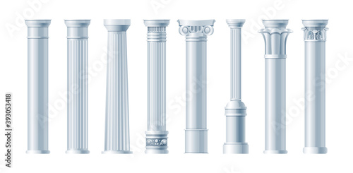 Realistic antique pillars set. Antique column  classic pillar. Ancient ornate pillars historic roman greek architecture facades of historic buildings isolated vector