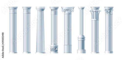 Realistic antique pillars set. Antique column, classic pillar. Ancient ornate pillars historic roman greek architecture facades of historic buildings isolated vector © Svetlanas01