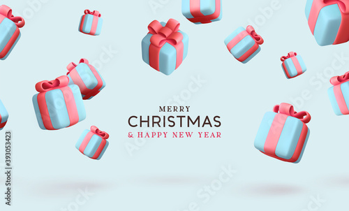 Merry Christmas and Happy New Year. Background with realistic festive gifts box. Xmas present. Blue boxes fall effect. Holiday gift surprise banner, web poster, flyer, stylish brochure, greeting card