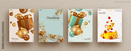Set of Christmas and New Year holiday gift cards. Xmas banners, web poster, flyers and brochures, greeting cards, group bright covers. Design realistic Christmas decoration objects gift box and ball.