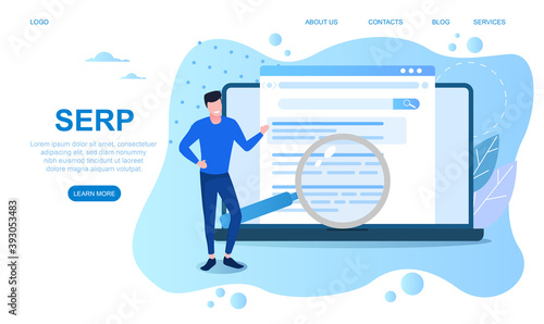 Concept of SERP. Search Engine Result Page for websites, web pages, internet, apps, applications. Digital technologies. Cartoon flat vector illustration with fictional character. Landing page template