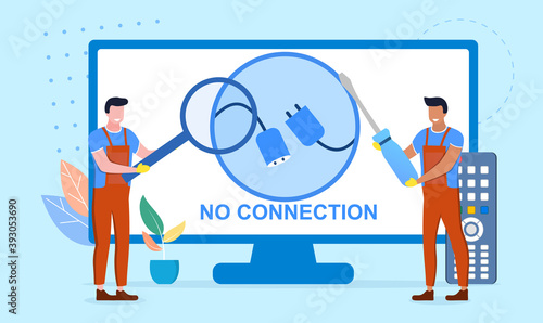 Service repair of TVs, smart consoles. Handymen workers, msters repairing broken tv set. Cartoon flat vector illustration with fictional characters