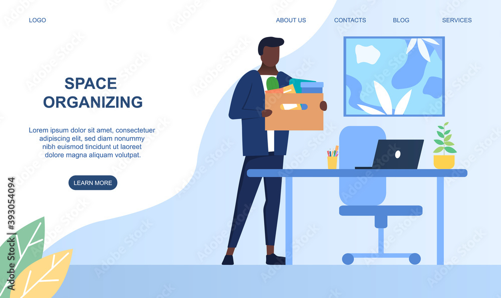Concept of workplace organization. Businessman with box full of office objects at working place. Cartoon flat vector illustration with fictional character. Website, webpage or landing page template