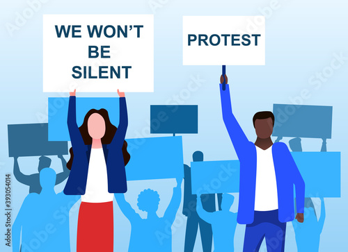 We wont be silent. Multiracial woman and man holding protest posters in hands. Group of people in protest. Cartoon flat vector illustration isolated on white background