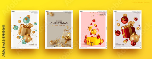 Set of Christmas and New Year holiday gift cards. Xmas banners, web poster, flyers and brochures, greeting cards, group bright covers. Design realistic Christmas decoration objects gift box and ball.