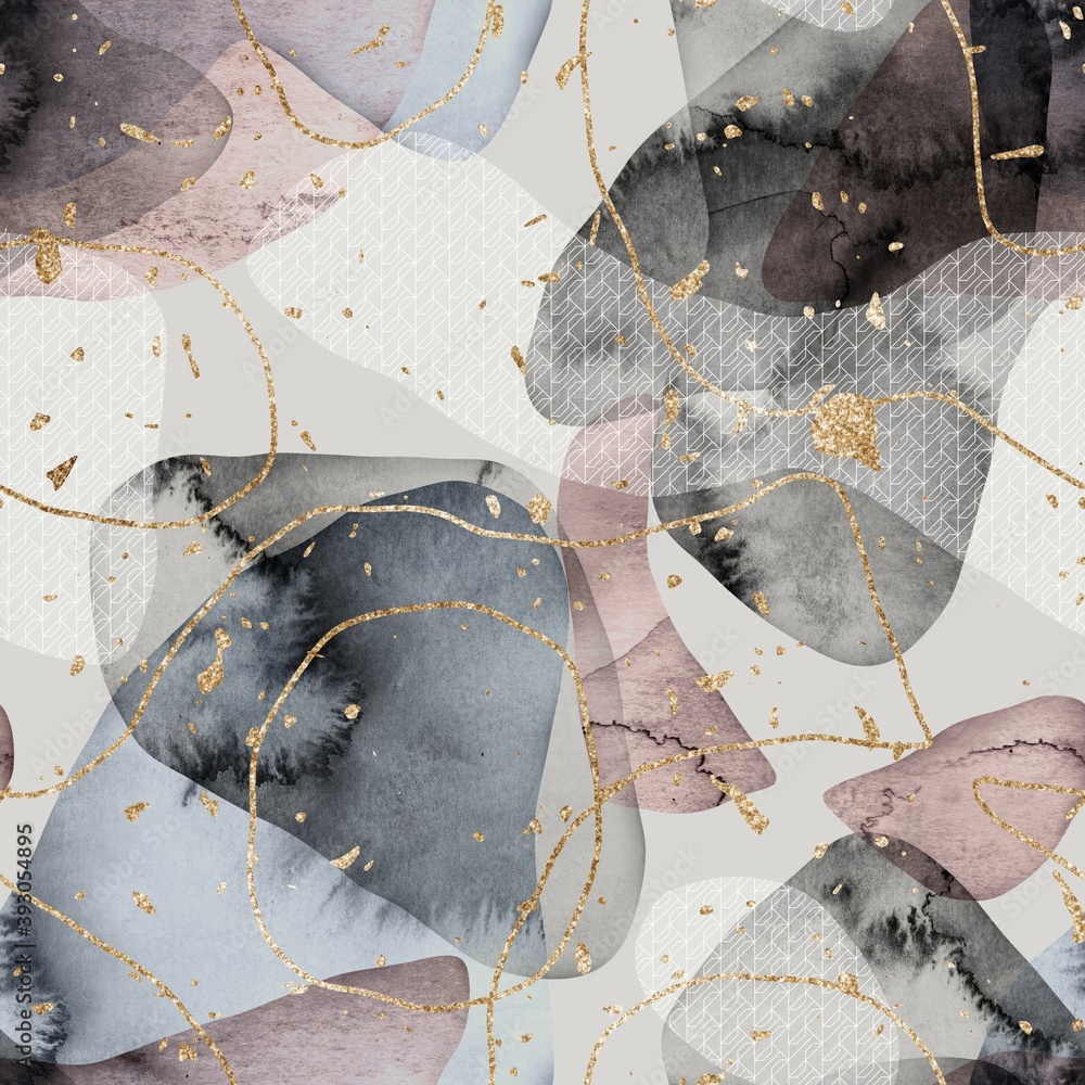 Seamless minimalist abstract watercolor paint and gold blobs shapes ...