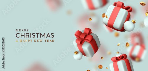 Merry Christmas and Happy New Year. Background with realistic festive gifts box. Xmas present. Blue boxes fall effect blur motion, Holiday gift surprise, Christmas baubles balls, glitter gold confetti