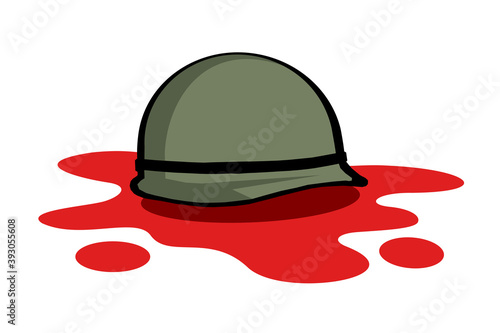 Stain of blood under military and army helmet - death of soldier and combatant after being shot down. Kill in action - casualty and victim in the war. Vector illustration isolated on white.