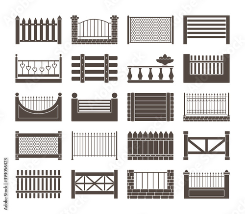 Fence and barriers sections set. Simple monochrome rustic roughly knitted together from boards wooden openwork casting with hearts farmhouse brick with iron mesh antique carved. Vector cartoon.