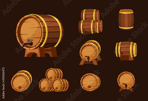 Wine wooden barrels set. Oak plank containers with taps and plugs brown containers for storing liquids convenient storage for cognac in distillery traditional brewing industry. Vector drink.