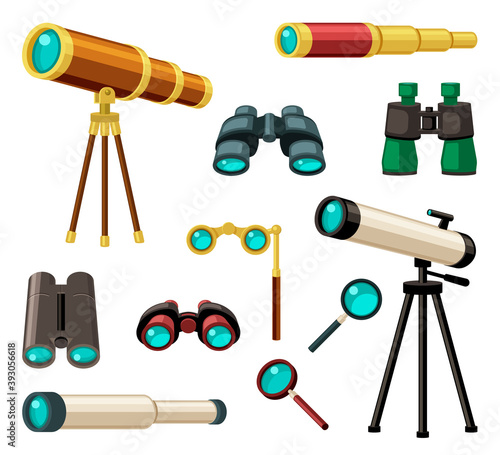 Various optical instruments set. Stylish gold plated retro monocle antique and modern telescope astronomy observing stars retractable spyglass binoculars magnifier viewing text. Vector cartoon see.