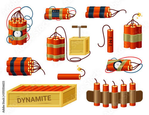 Dynamite bundles set. Box with ready explosives cartridge belt with miniature fuses red sticks with timer prepared bomb with hand detonators burning cable of detonating device TNT. Vector hazard.
