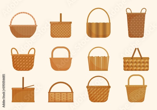 Ethnic wicker baskets set. Large volumes and small basket for berries yellow knapsacks in decorative tracery traditional straw products rustic retro designs ethnic texture. Cartoon vector.