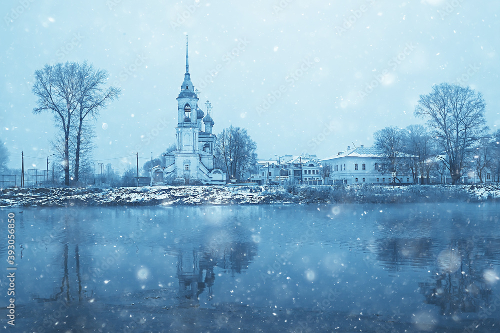 winter landscape church on the banks of the freezing river in vologda, christianity baptism russia christmas